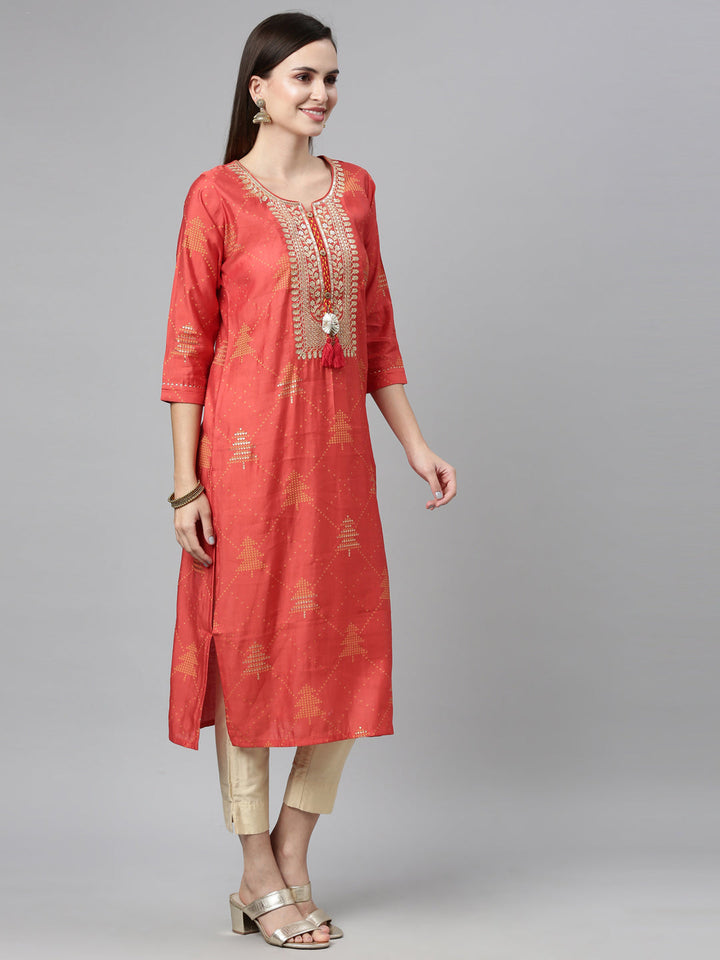 Neerus Brown modal printed straight kurti with ethnic motifs - front view