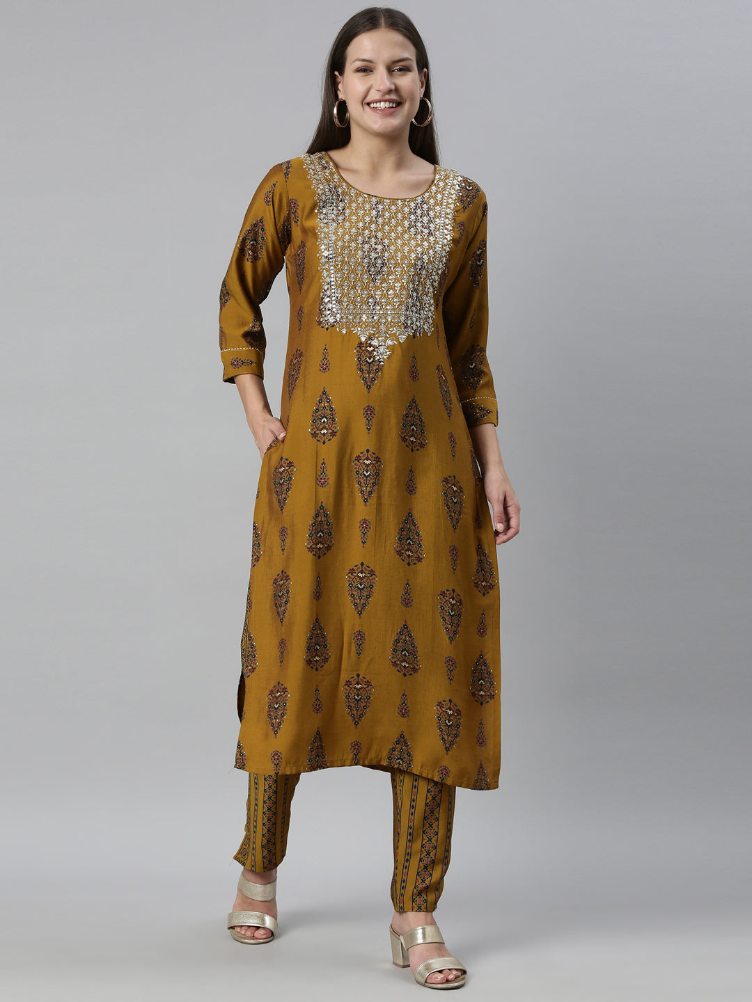 Neerus Gold modal printed kurta set - detail view 16