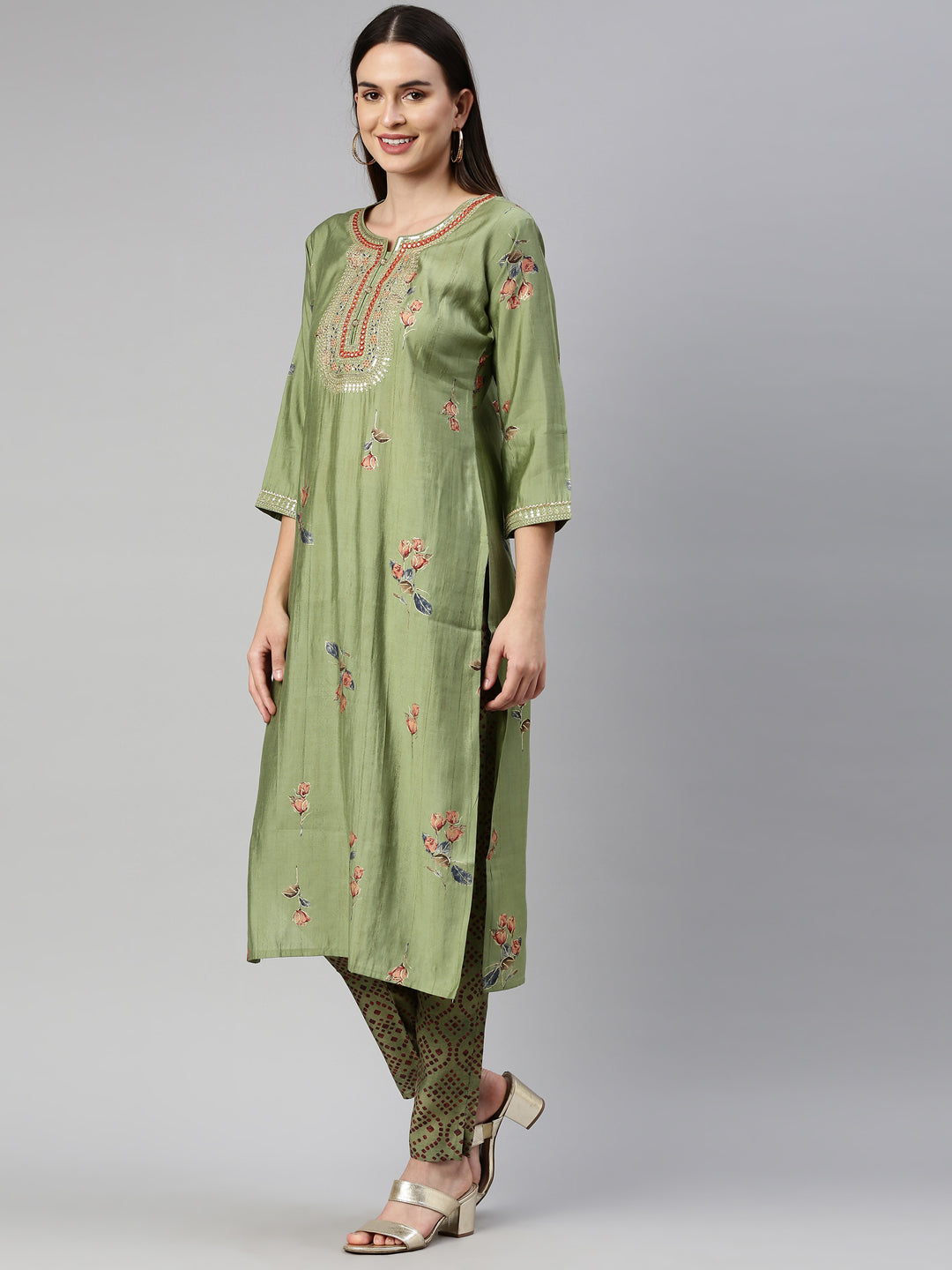 Neerus Green satin solid kurta set - side view