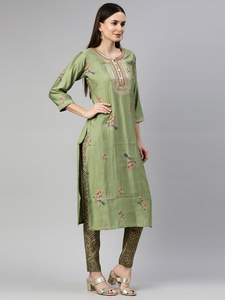 Neerus Green satin solid kurta set - detail view 1