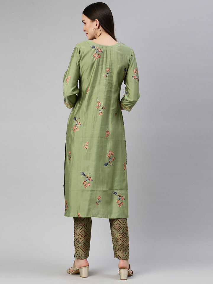 Neerus Green satin solid kurta set - detail view 2