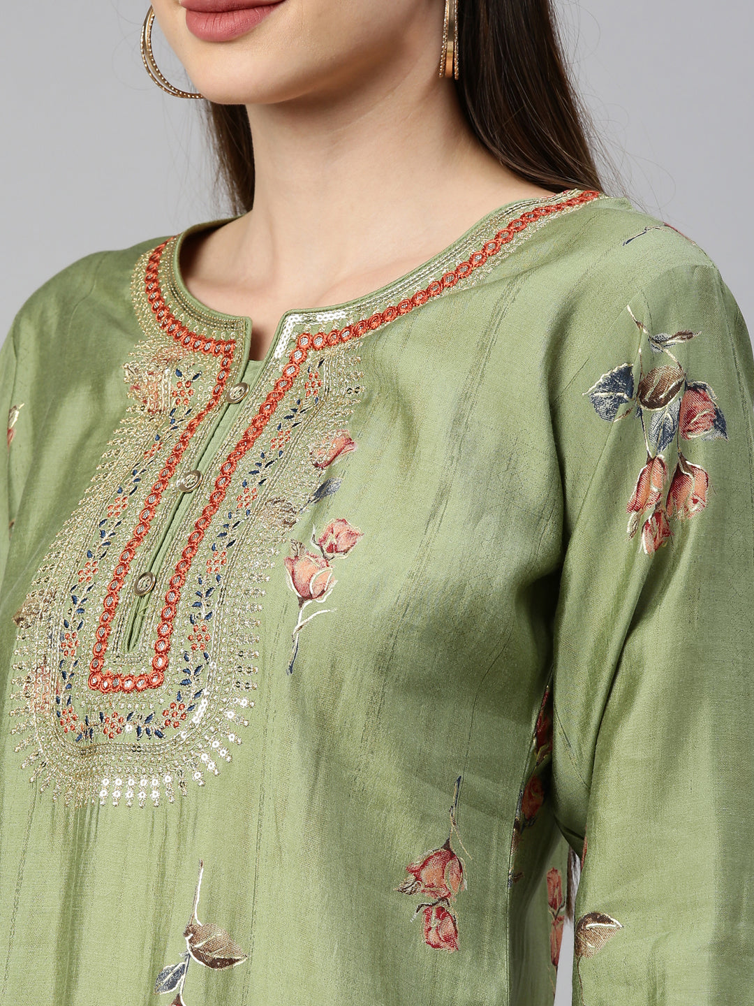 Neerus Green satin solid kurta set - detail view 5