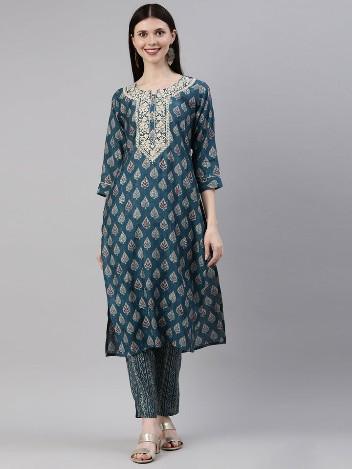 Neerus Blue silk printed kurta set with trousers - front view