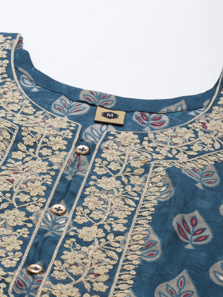 Neerus Blue silk printed kurta set with trousers - back view