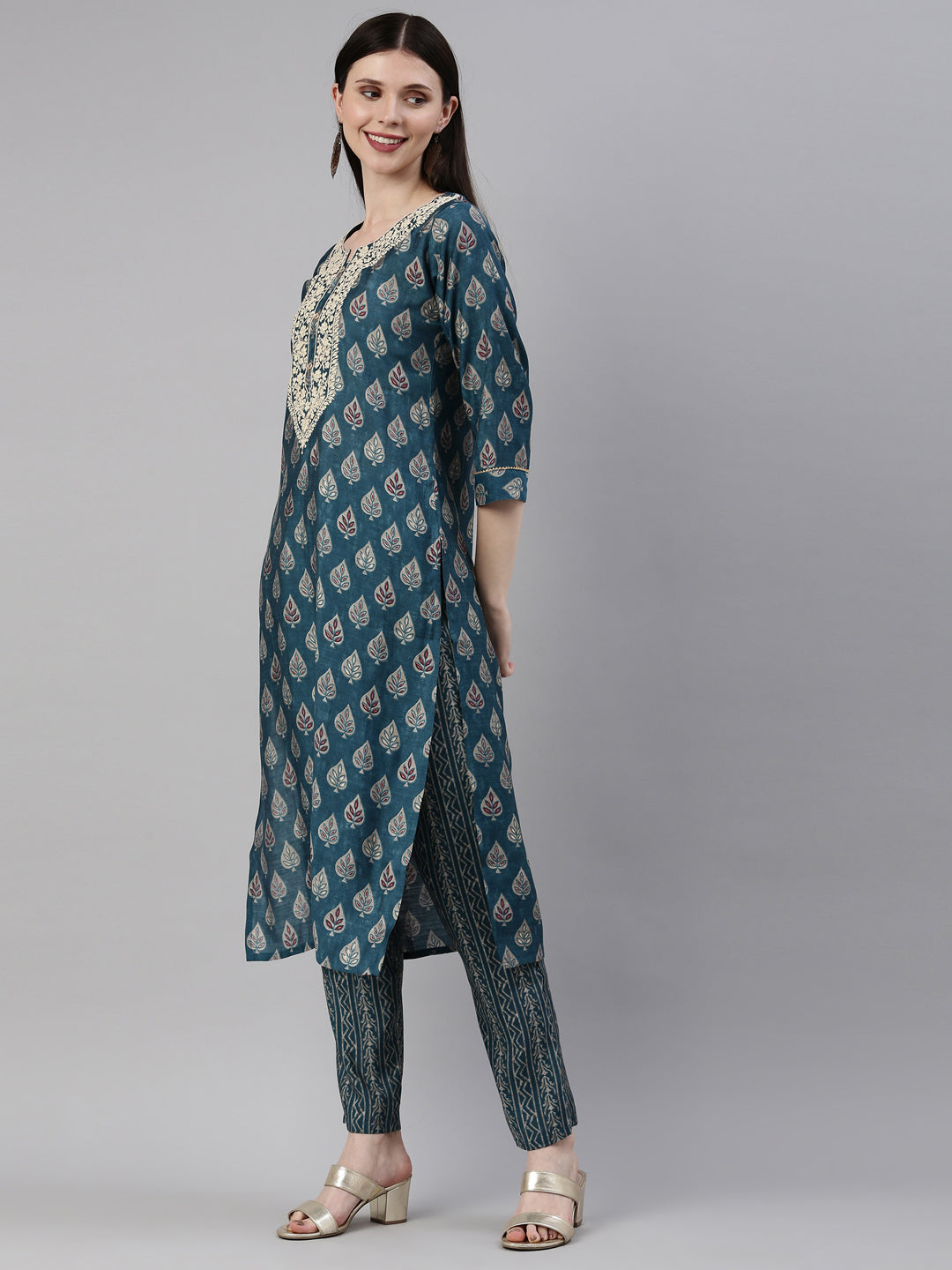 Neerus Blue silk printed kurta set with trousers - side view
