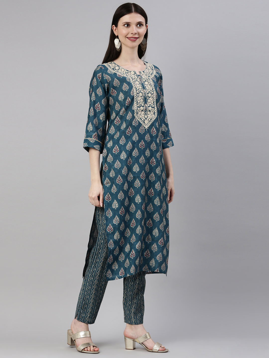 Neerus Blue silk printed kurta set with trousers - detail view 1