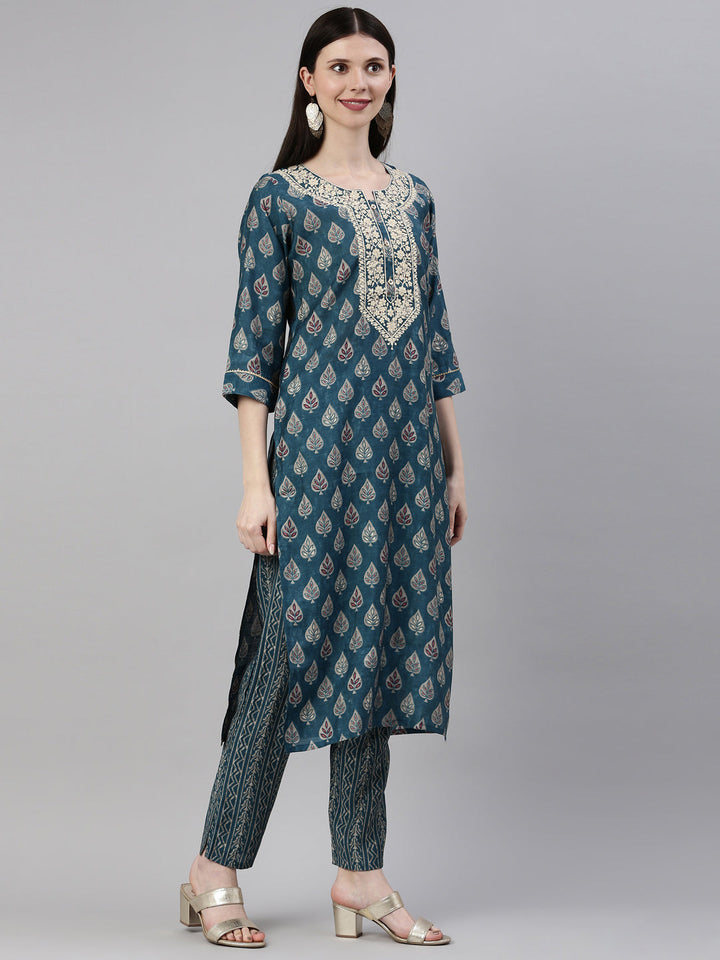 Neerus Blue silk printed kurta set with trousers - detail view 1