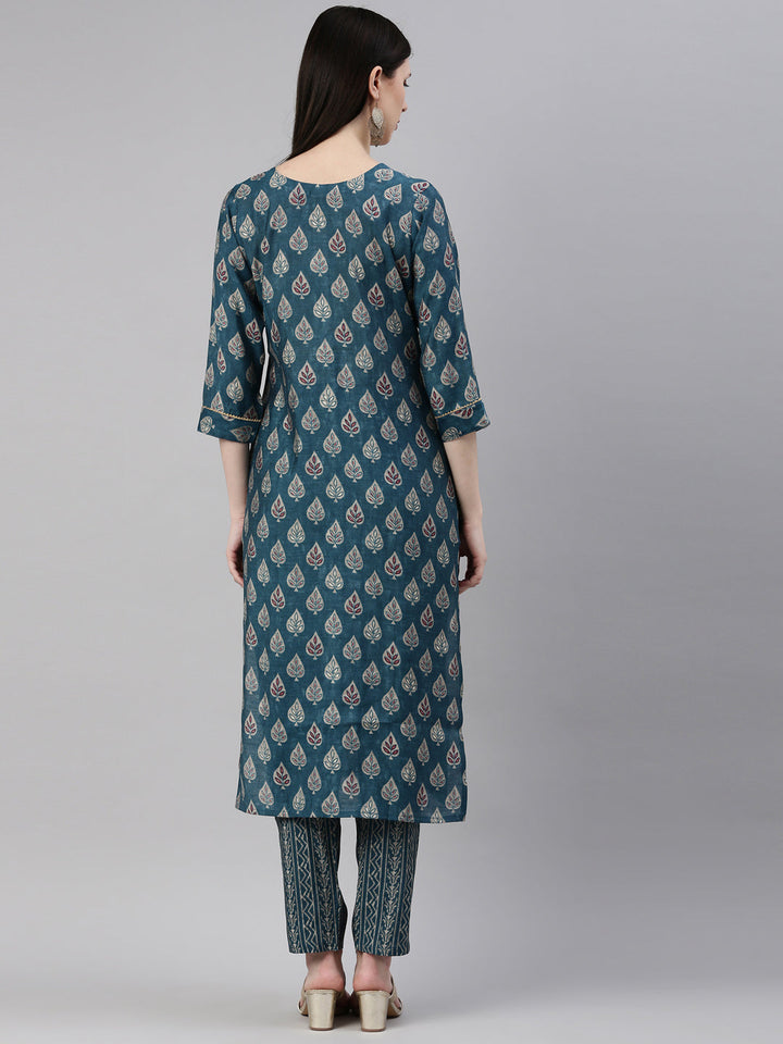 Neerus Blue silk printed kurta set with trousers - detail view 2