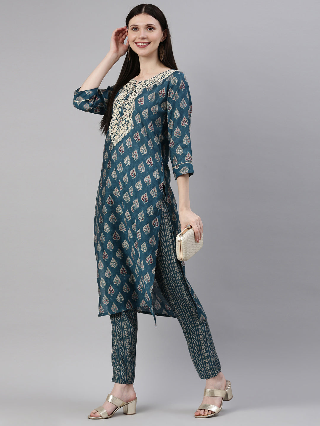 Neerus Blue silk printed kurta set with trousers - detail view 3
