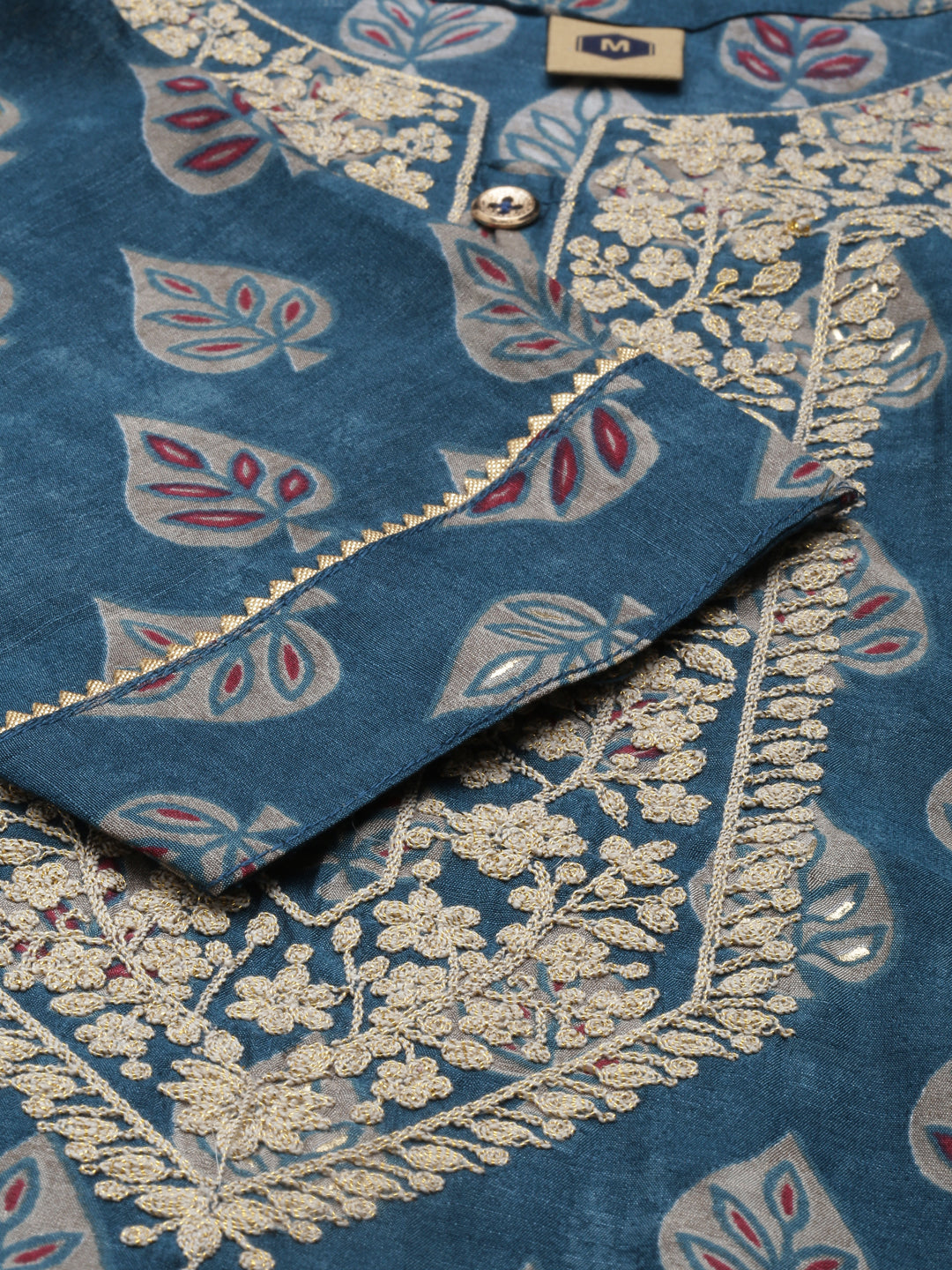 Neerus Blue silk printed kurta set with trousers - detail view 4