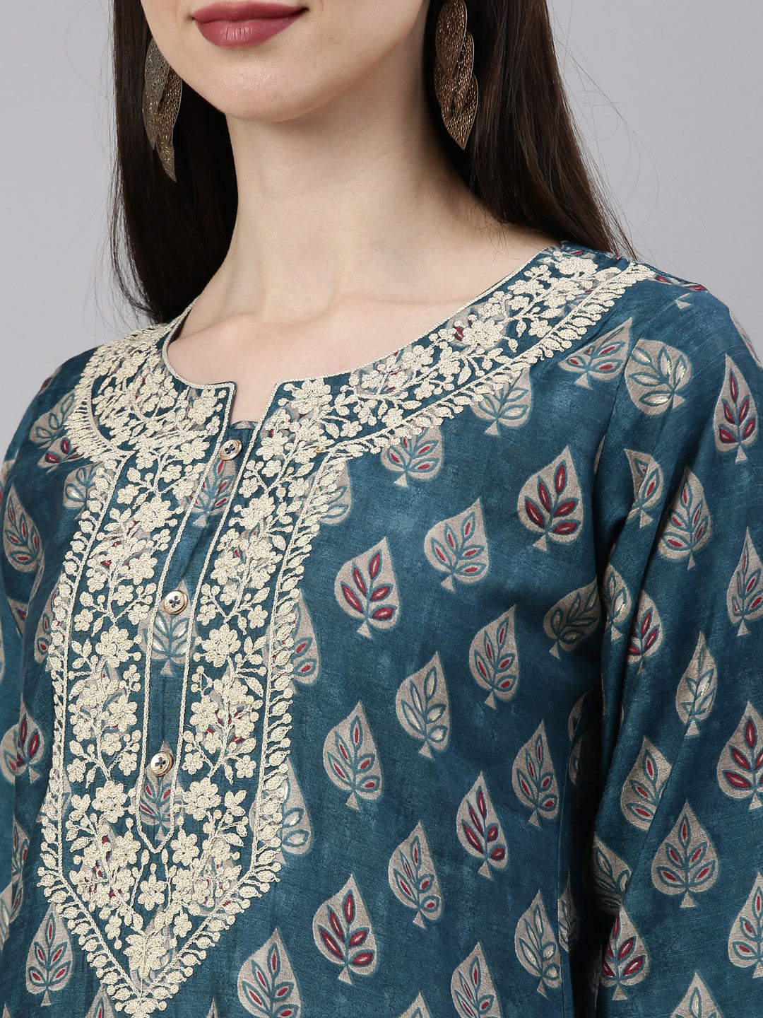 Neerus Blue silk printed kurta set with trousers - detail view 5