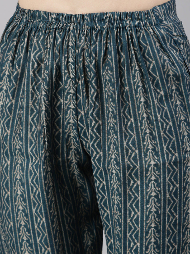 Neerus Blue silk printed kurta set with trousers - detail view 6