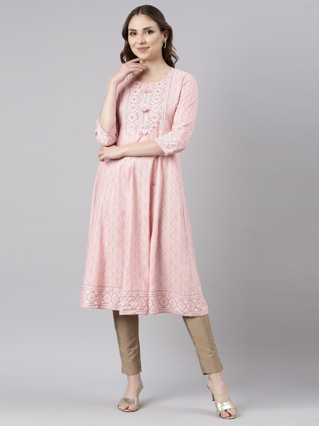 Neerus Orange rayon printed anarkali kurti - front view