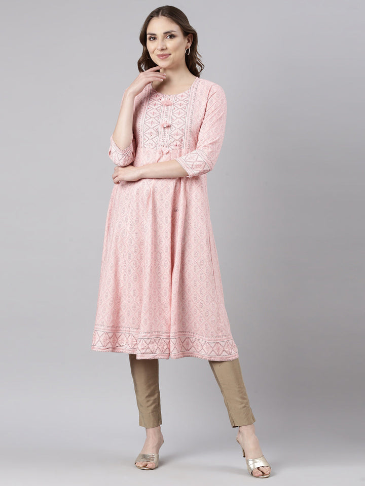 Neerus Orange rayon printed anarkali kurti - front view