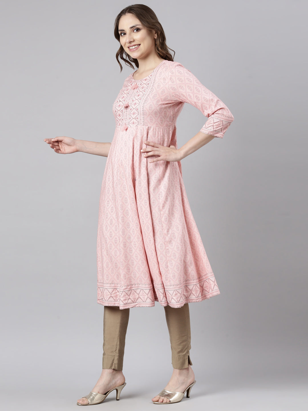 Neerus Orange rayon printed anarkali kurti - back view