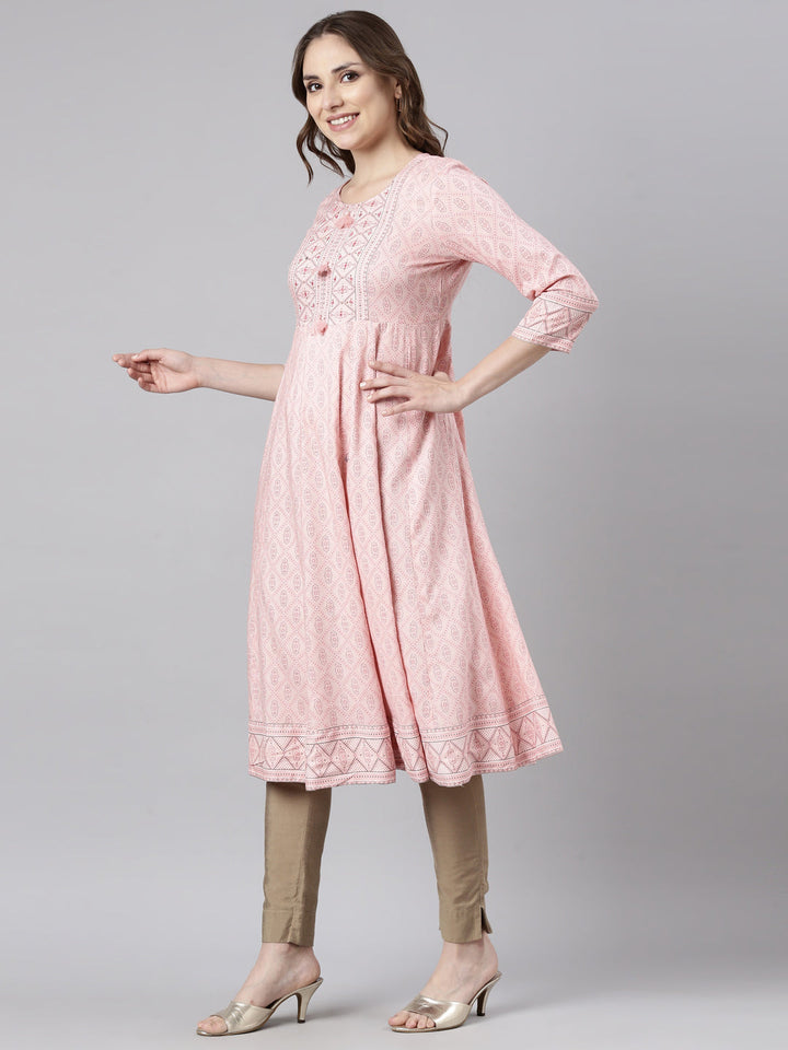 Neerus Orange rayon printed anarkali kurti - back view