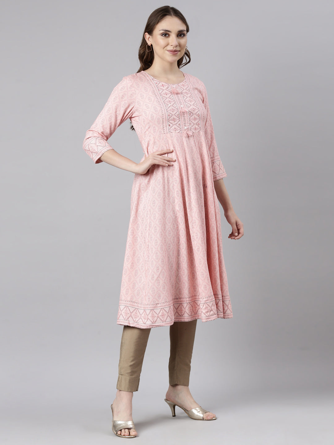 Neerus Orange rayon printed anarkali kurti - side view