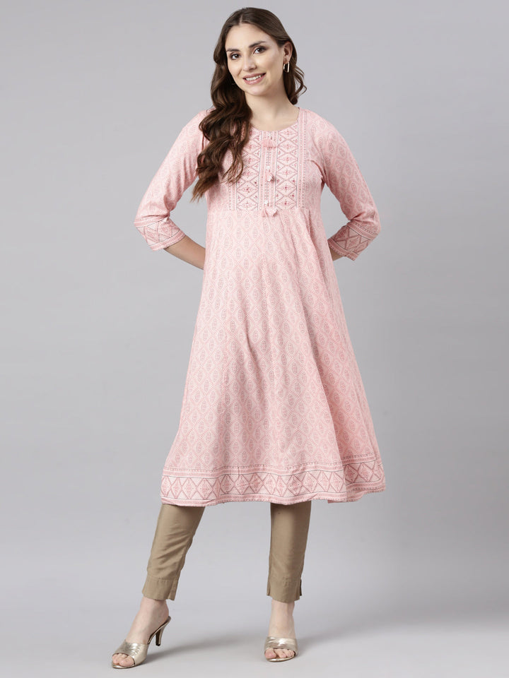 Neerus Orange rayon printed anarkali kurti - detail view 2
