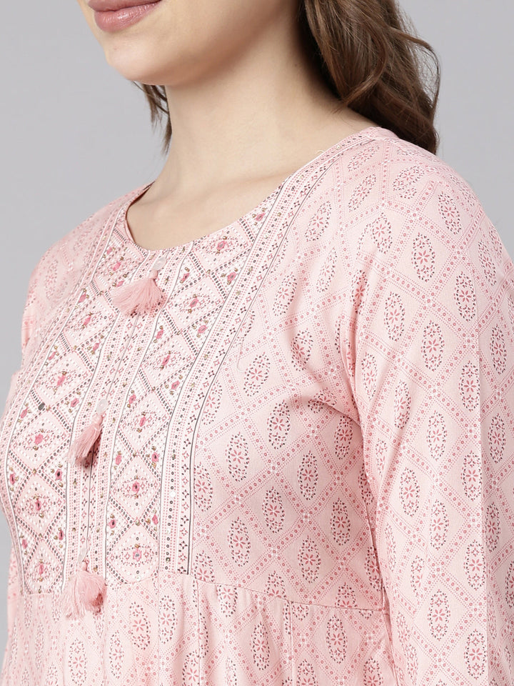 Neerus Orange rayon printed anarkali kurti - detail view 3