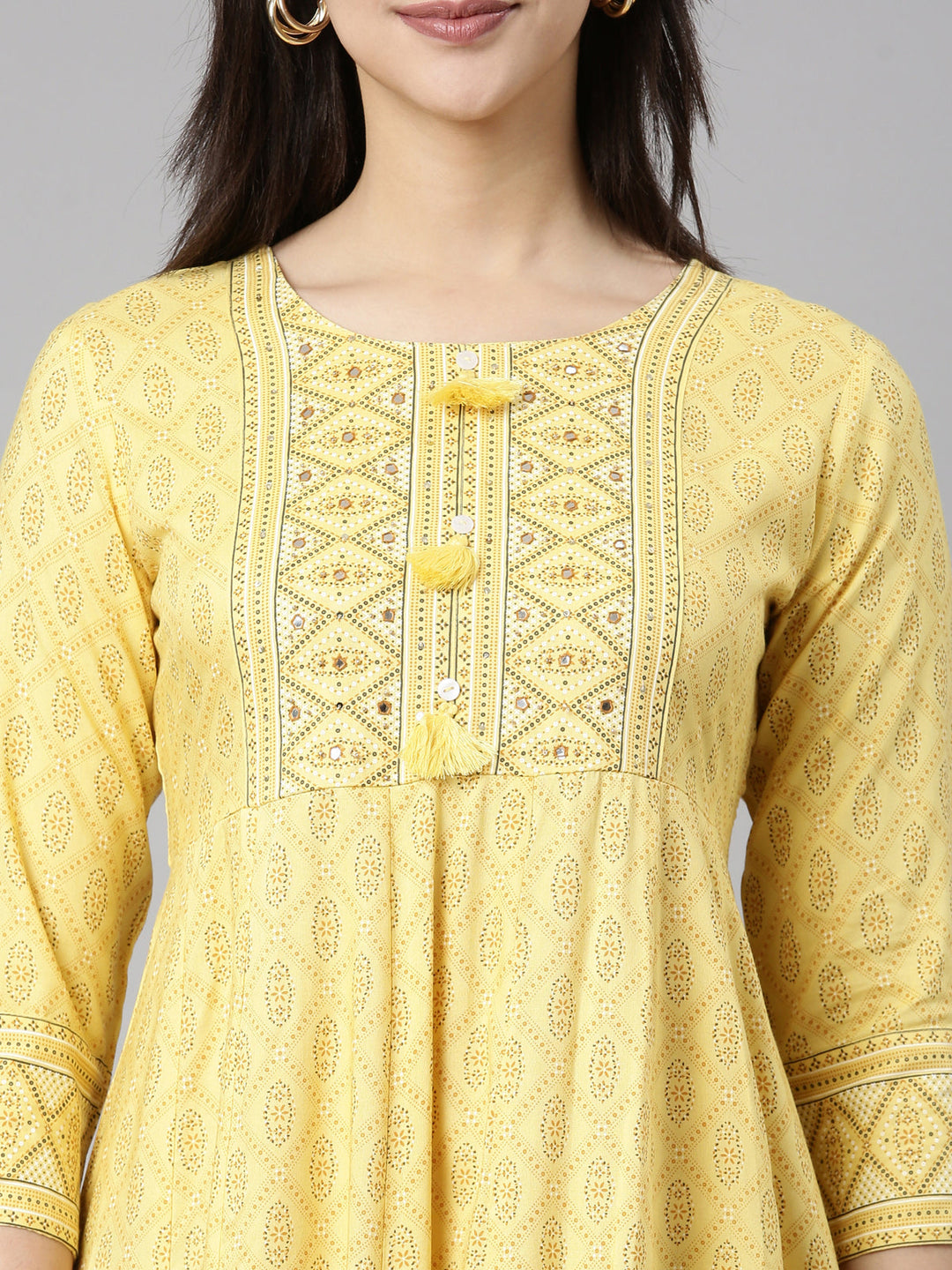 Neerus Yellow rayon printed anarkali kurti - back view