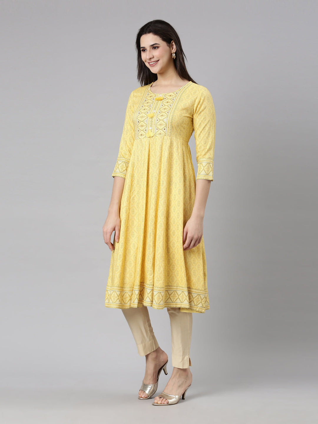 Neerus Yellow rayon printed anarkali kurti - side view