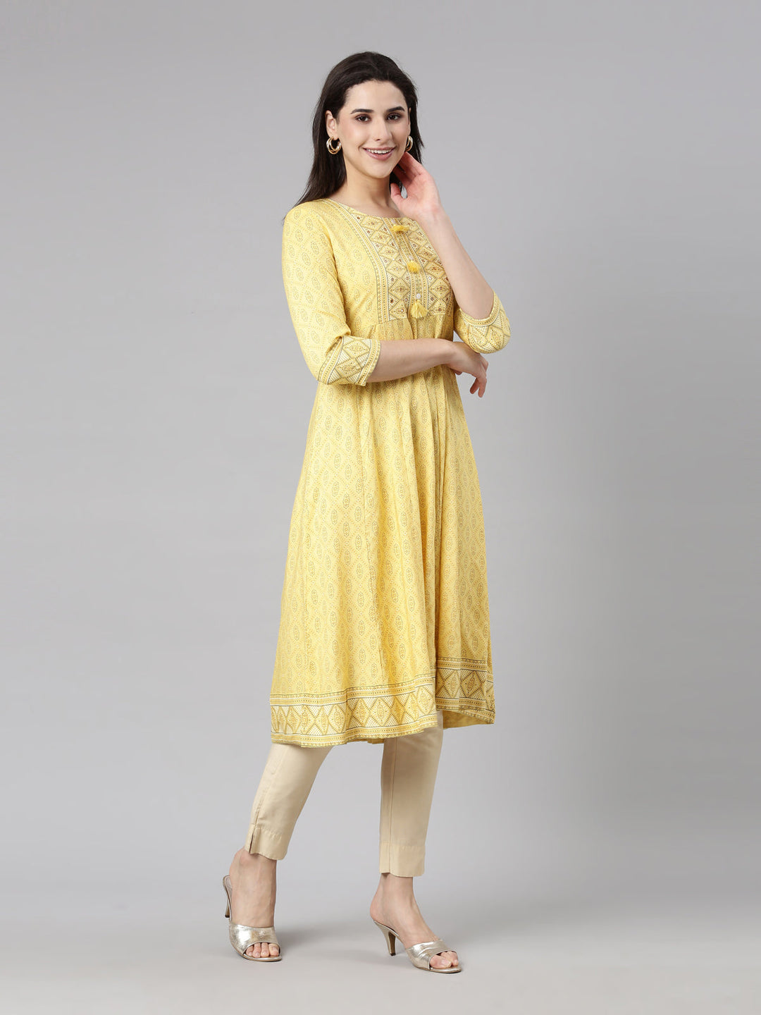 Neerus Yellow rayon printed anarkali kurti - detail view 1