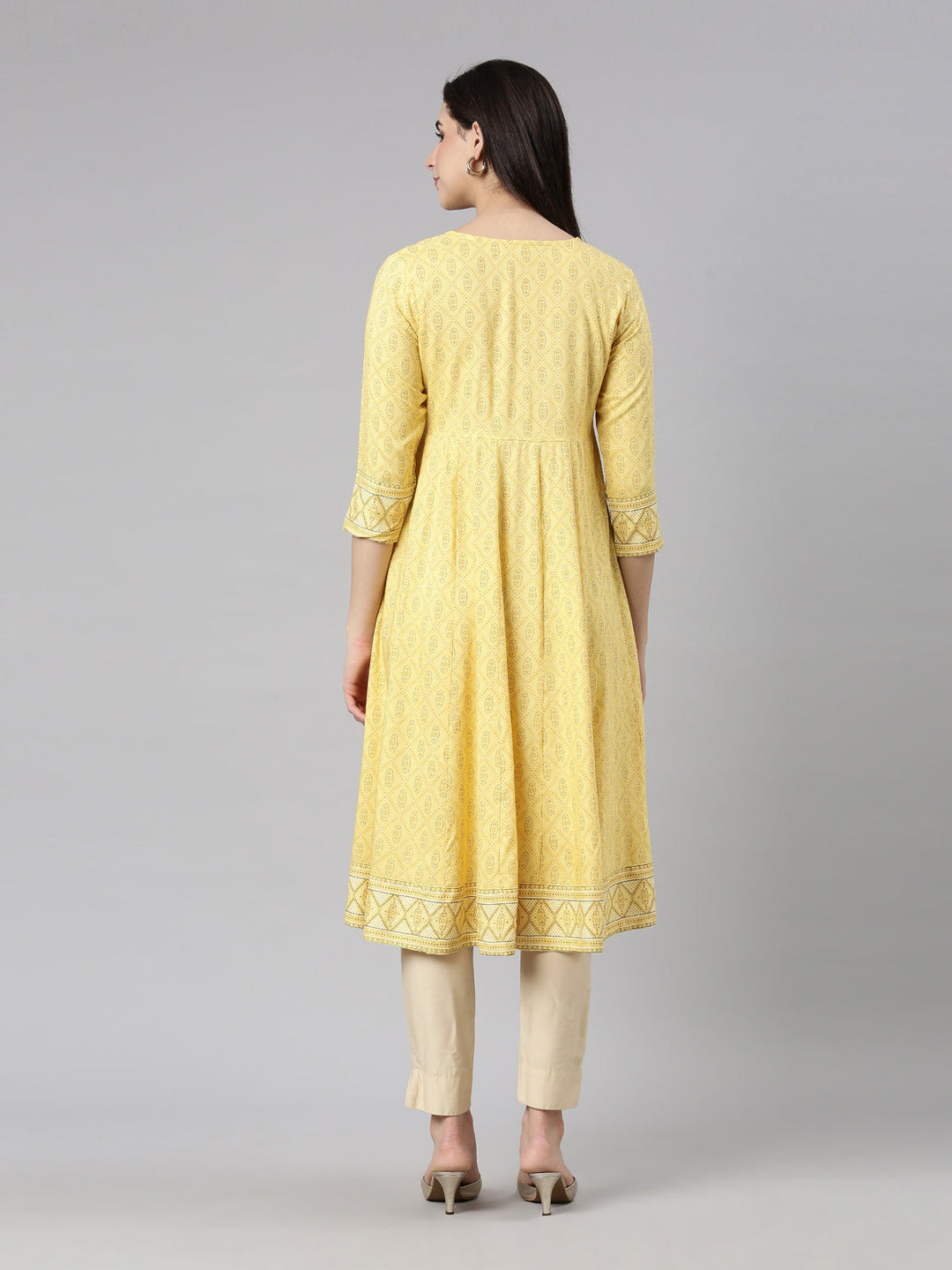 Neerus Yellow rayon printed anarkali kurti - detail view 2