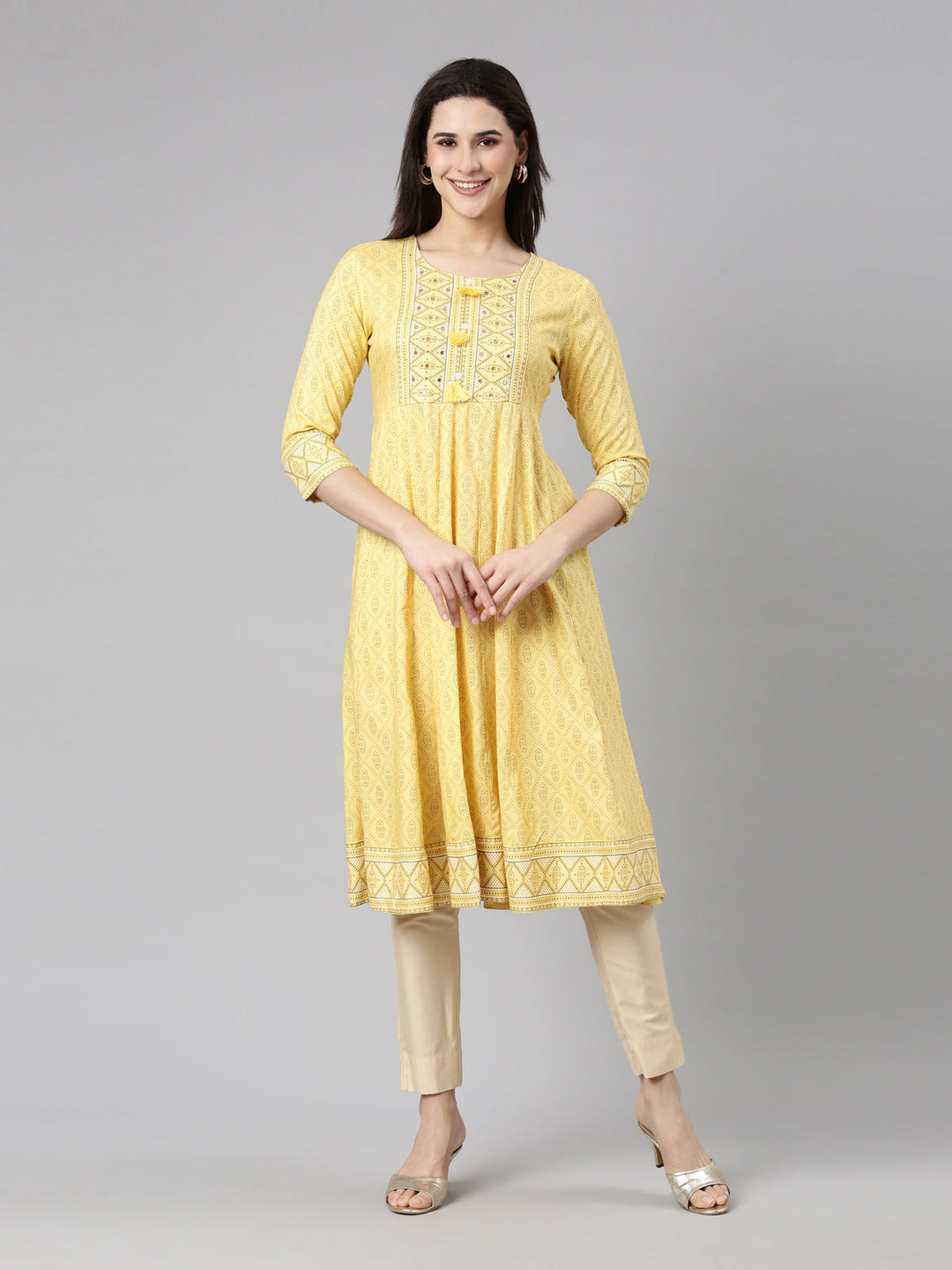 Neerus Yellow rayon printed anarkali kurti - detail view 3
