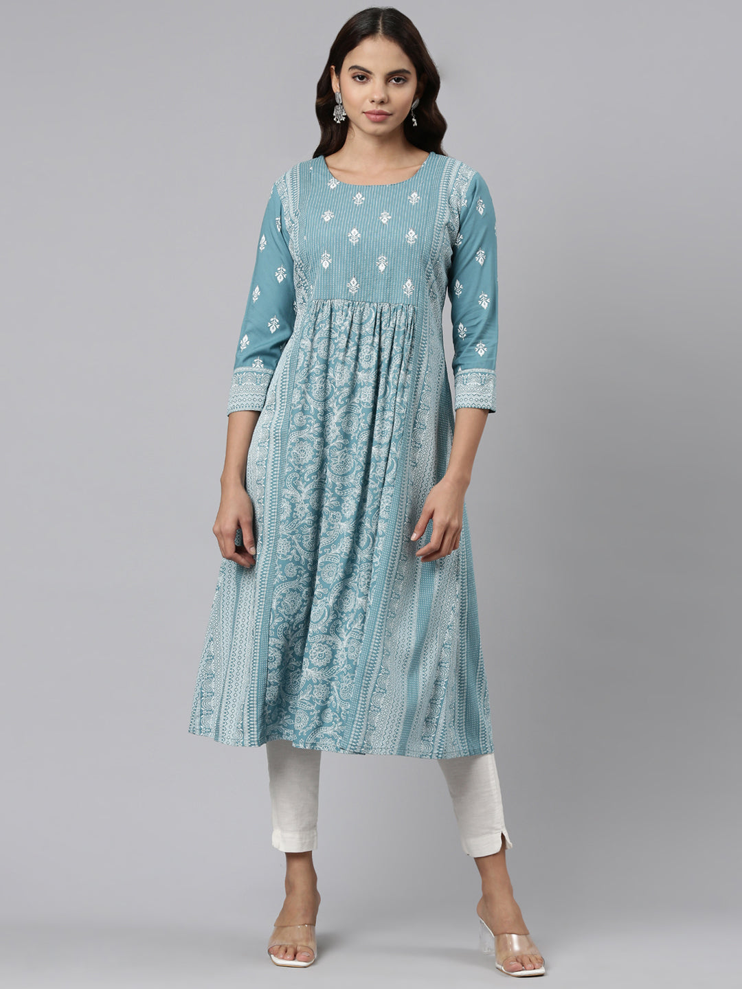 Neerus Blue embroidered anarkali kurti - front view