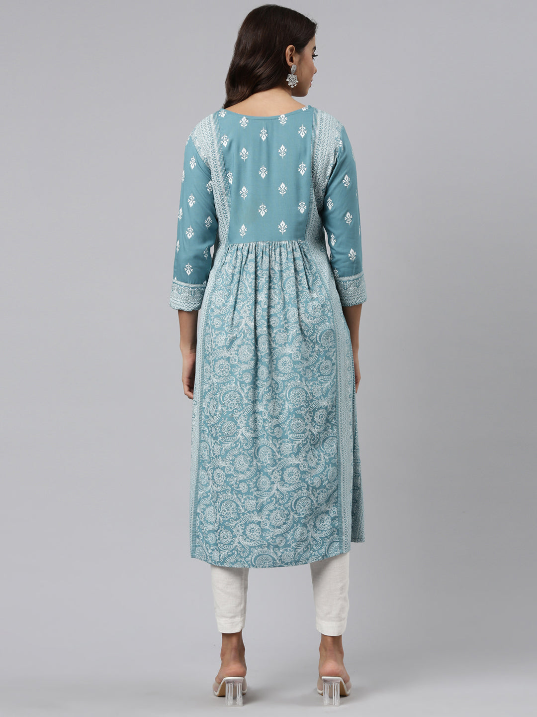 Neerus Blue embroidered anarkali kurti - side view