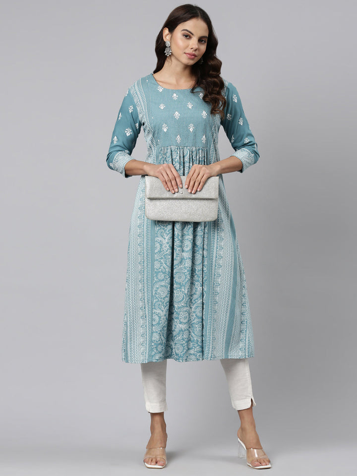 Neerus Blue embroidered anarkali kurti - detail view 2