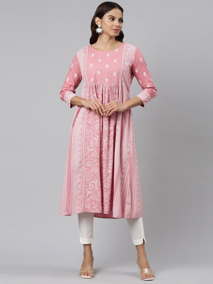 Neerus Pink cotton embroidered anarkali kurti - front view