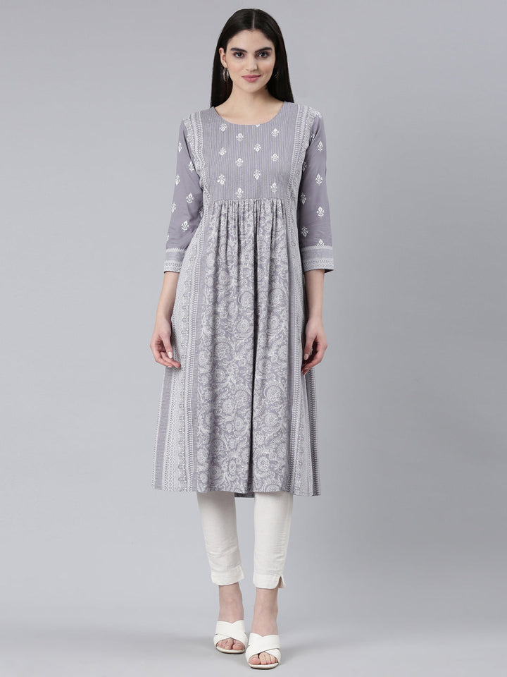 Neerus Grey cotton printed straight kurti - front view