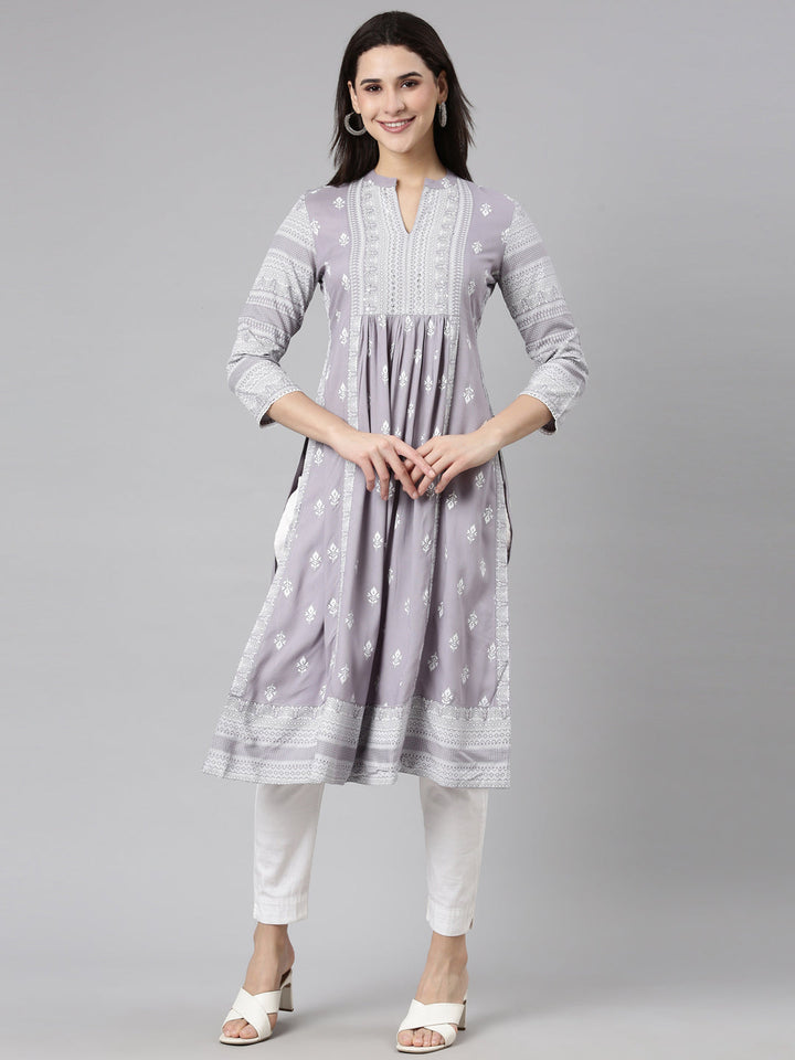 Neerus Grey jacquard woven straight kurti - front view