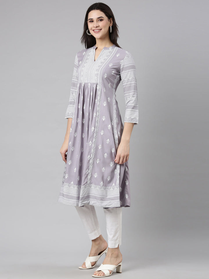 Neerus Grey jacquard woven straight kurti - back view