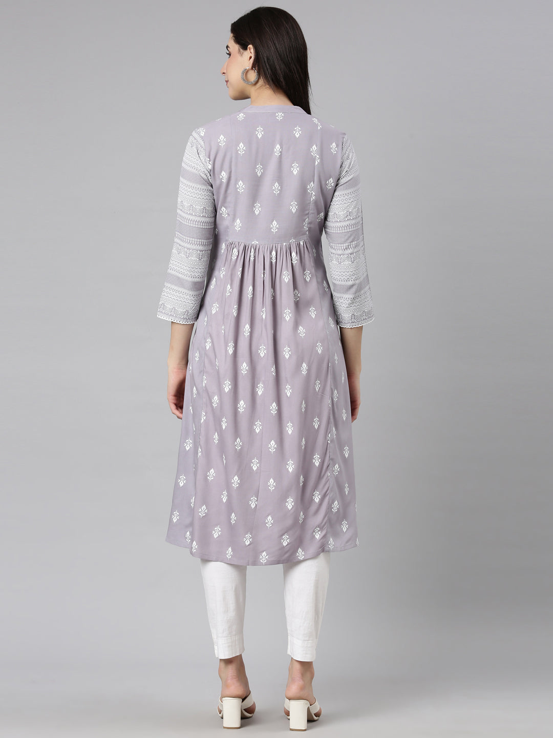Neerus Grey jacquard woven straight kurti - side view