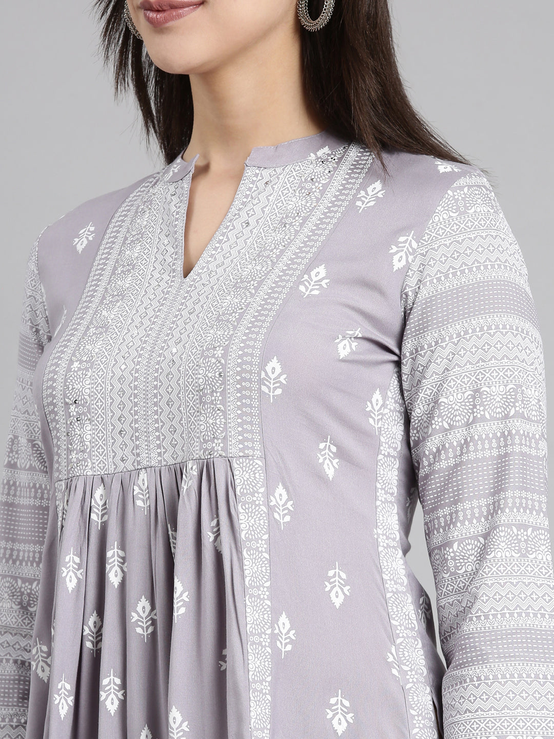 Neerus Grey jacquard woven straight kurti - detail view 1