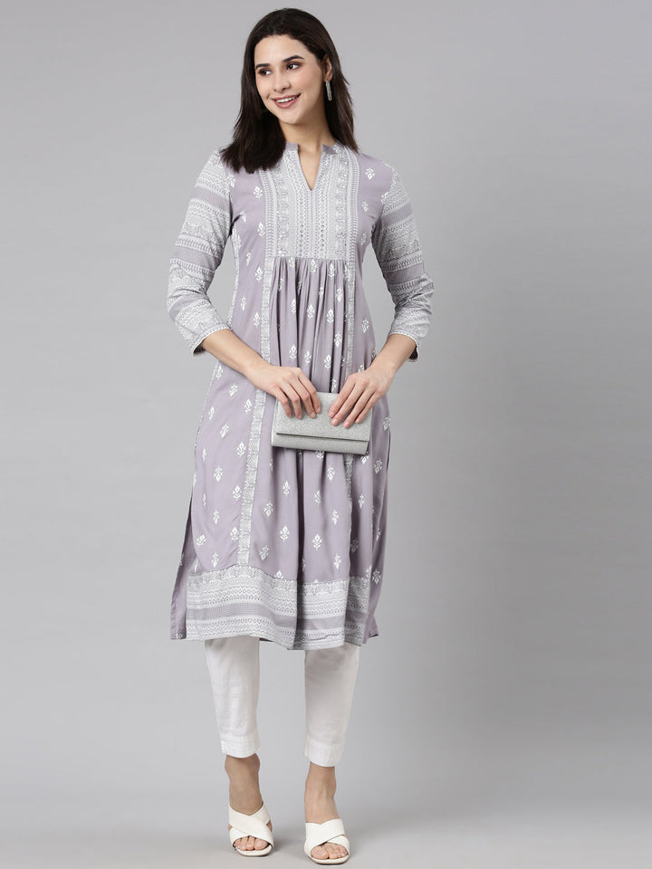 Neerus Grey jacquard woven straight kurti - detail view 2