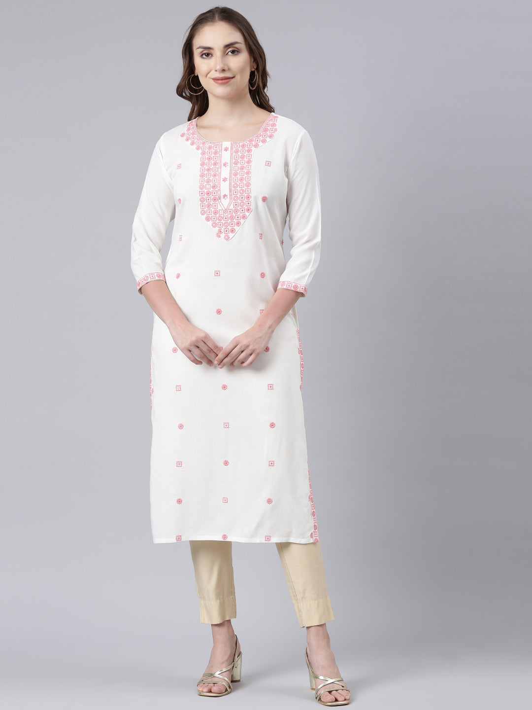 Neerus Pink rayon printed floral kurta - front view