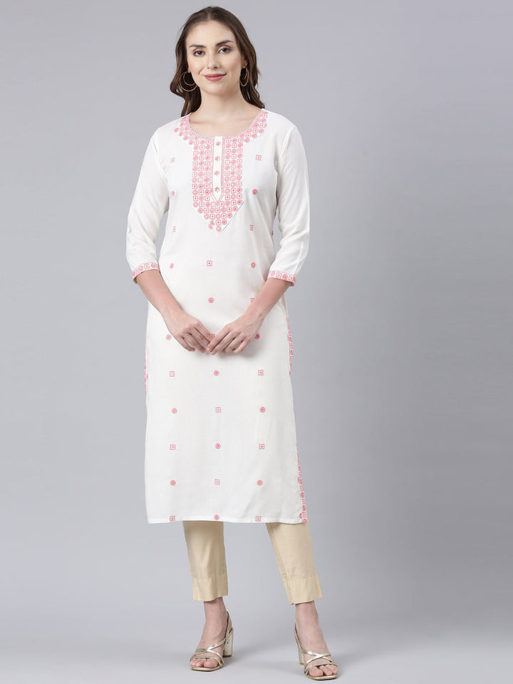 Neerus Pink rayon printed floral kurta - front view