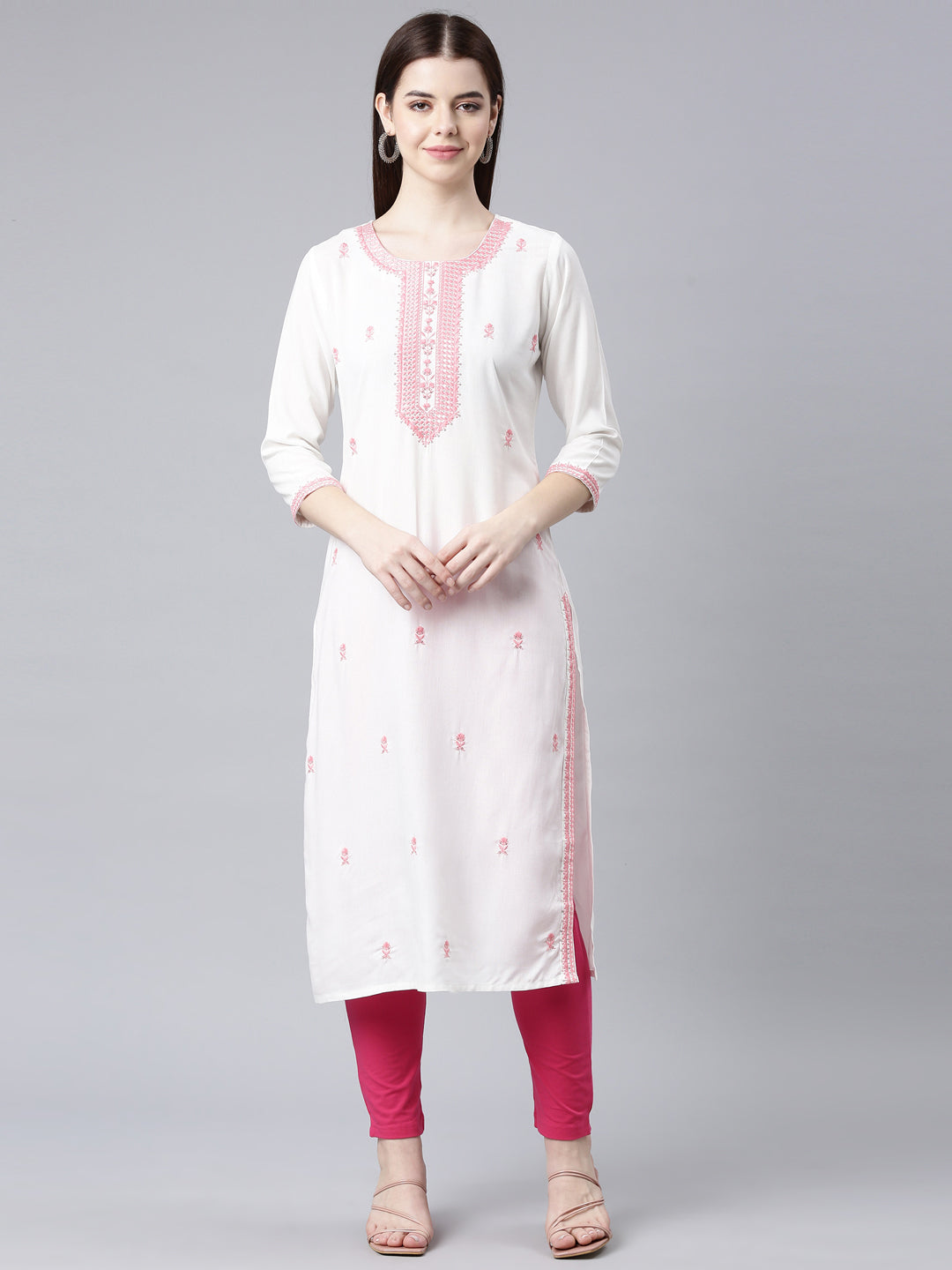 Neerus Pink rayon printed floral straight kurta - front view