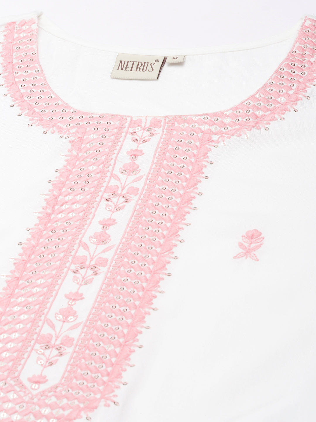 Neerus Pink rayon printed floral straight kurta - detail view 1