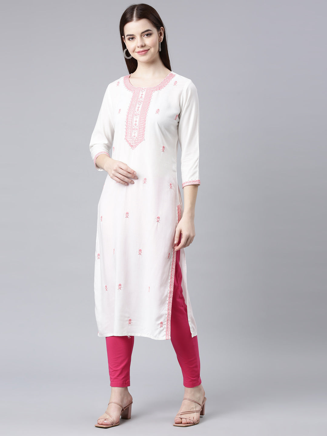 Neerus Pink rayon printed floral straight kurta - back view