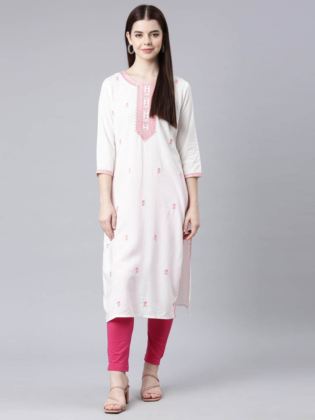 Neerus Pink rayon printed floral straight kurta - detail view 3