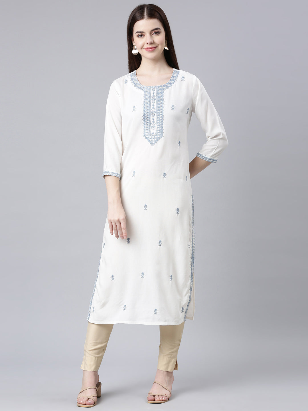 Neerus Grey rayon printed straight kurta - front view