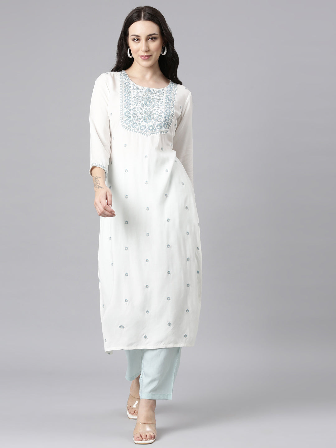 Neerus Grey viscose rayon embellished straight kurta - front view