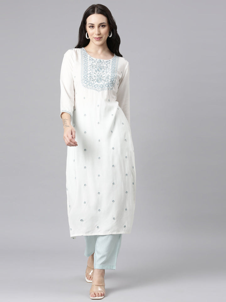 Neerus Grey viscose rayon embellished straight kurta - front view