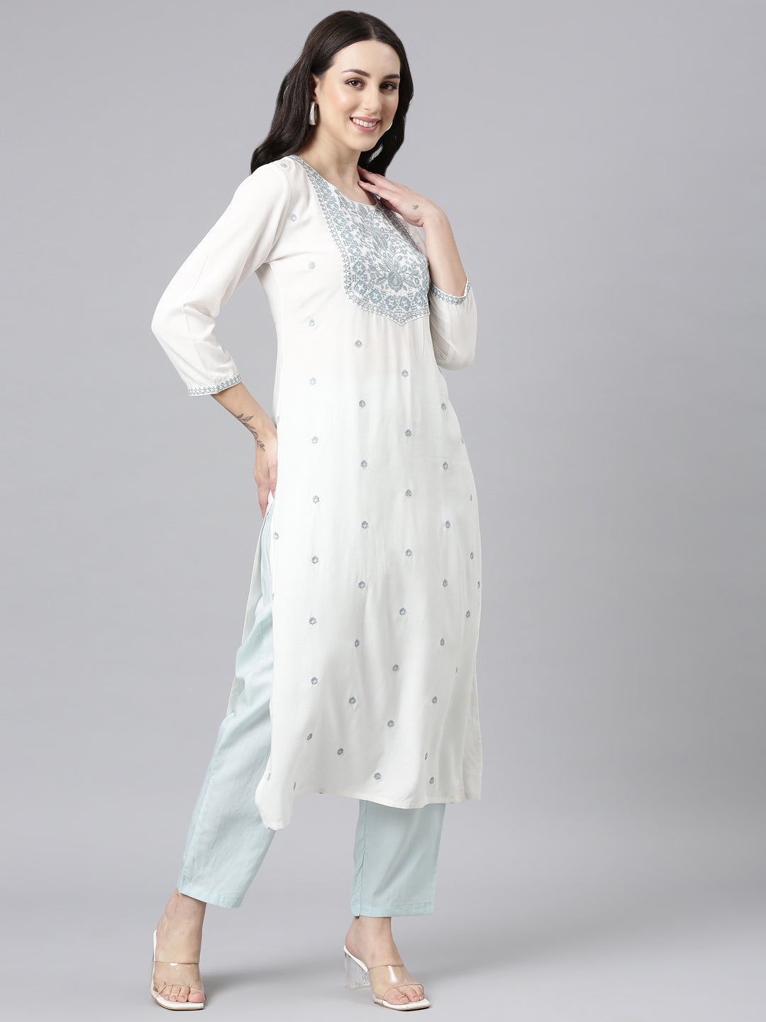 Neerus Grey viscose rayon embellished straight kurta - back view