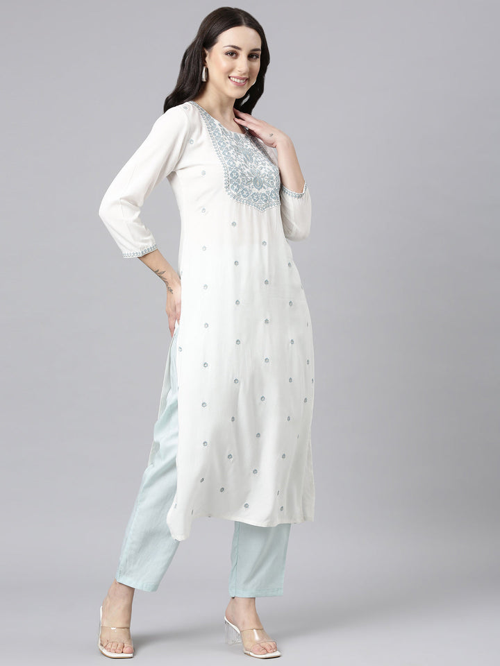 Neerus Grey viscose rayon embellished straight kurta - back view