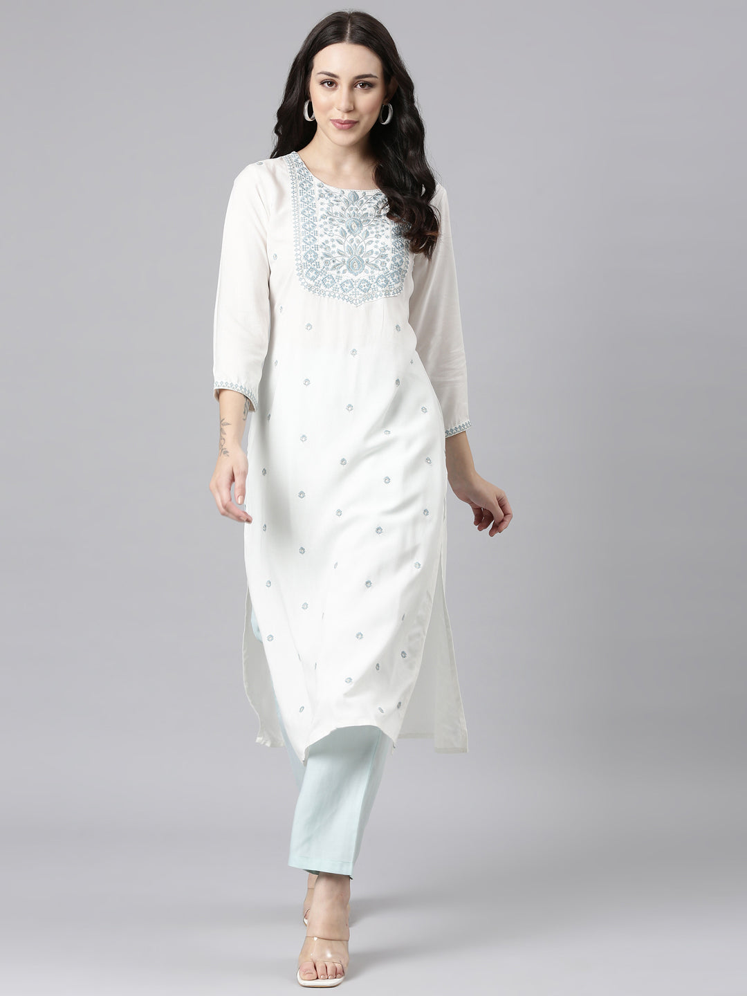 Neerus Grey viscose rayon embellished straight kurta - detail view 2